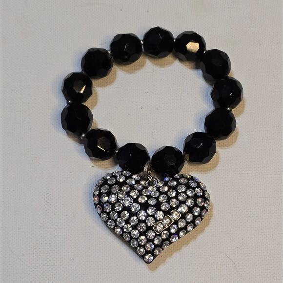 Treska Large Black Jeweled Puffed Heart Stretch‎ Bracelet - Picture 1 of 4